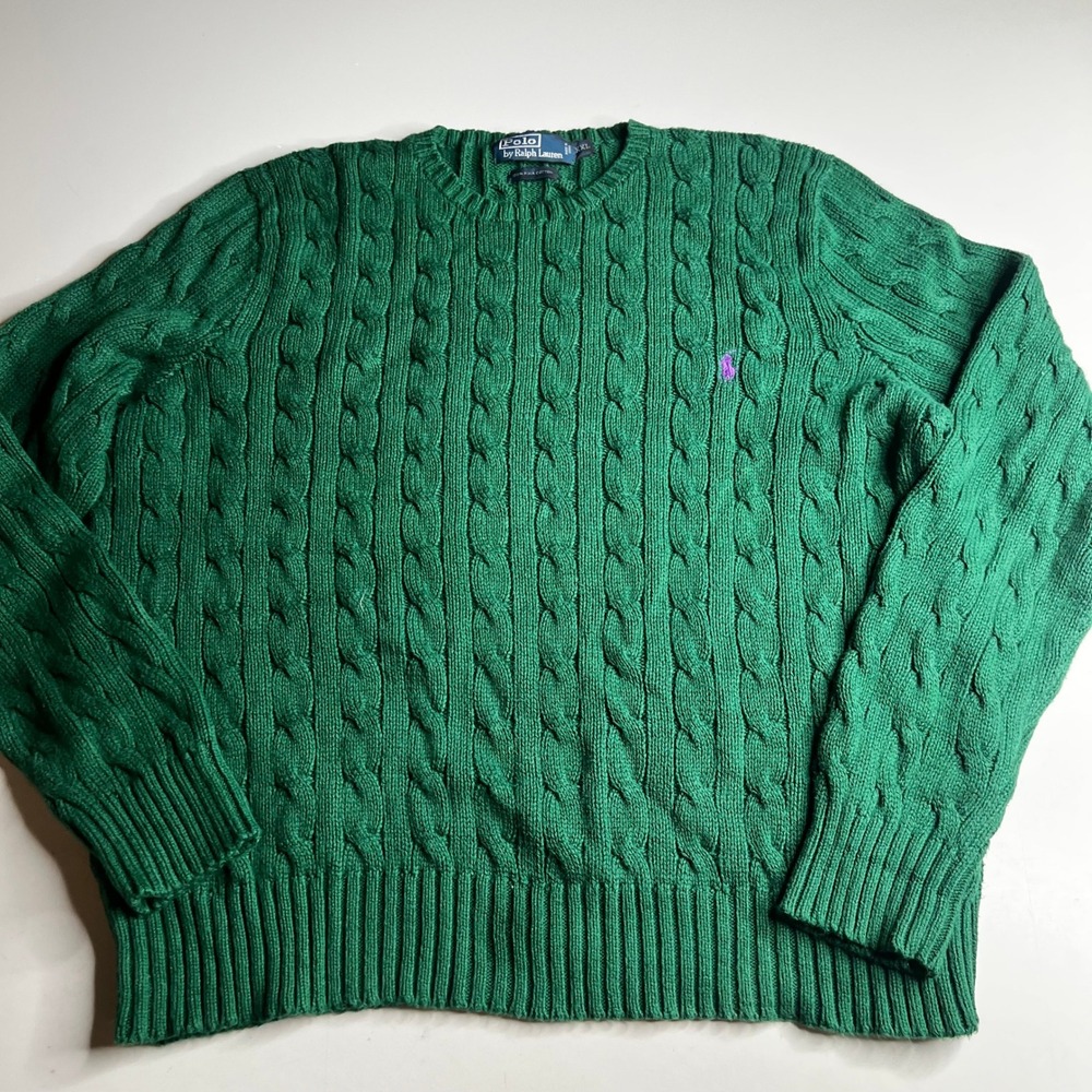 Polo Ralph Lauren Green Pima Cotton Cable Knit Sweater XXL Purple Pony Crewneck